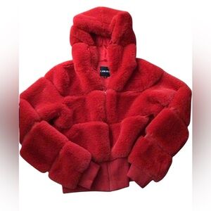I.AM.GIA Marlow Cropped Bomber Jacket Faux Fur Hood Red XL